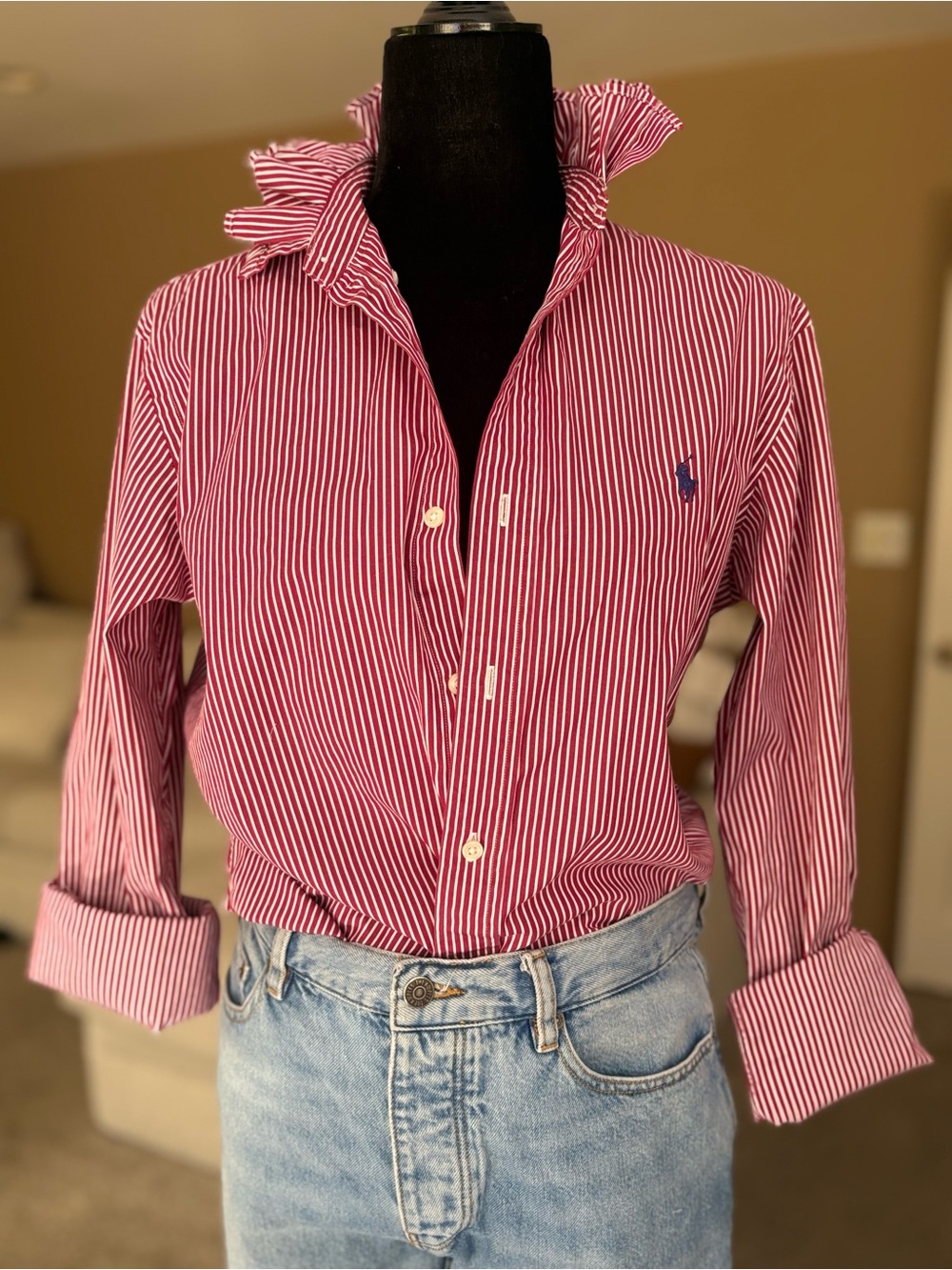 Reworked Ralph Lauren Burgundy and White Striped Ruffle Collar Button-Down Shirt